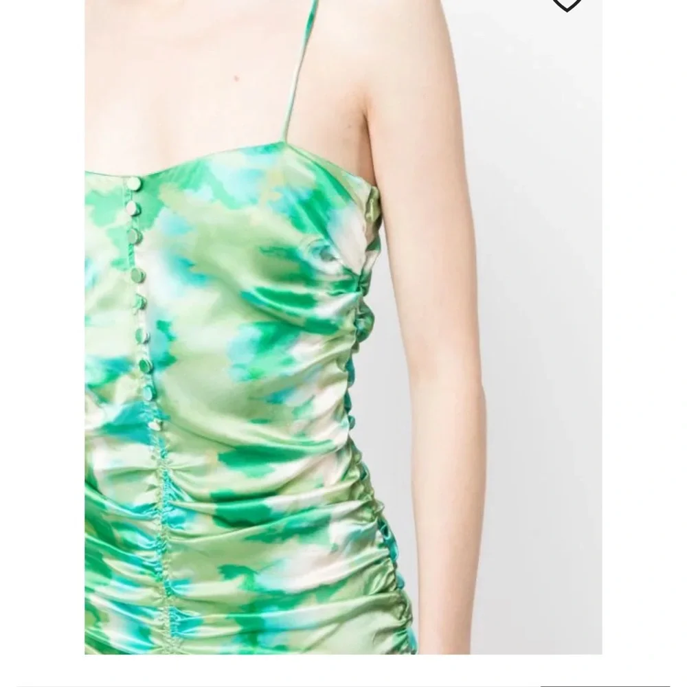 GANNI Silk Stretch Satin Ruched Mini Dress Lily Green Size 44 or US Large - Picture 4 of 16